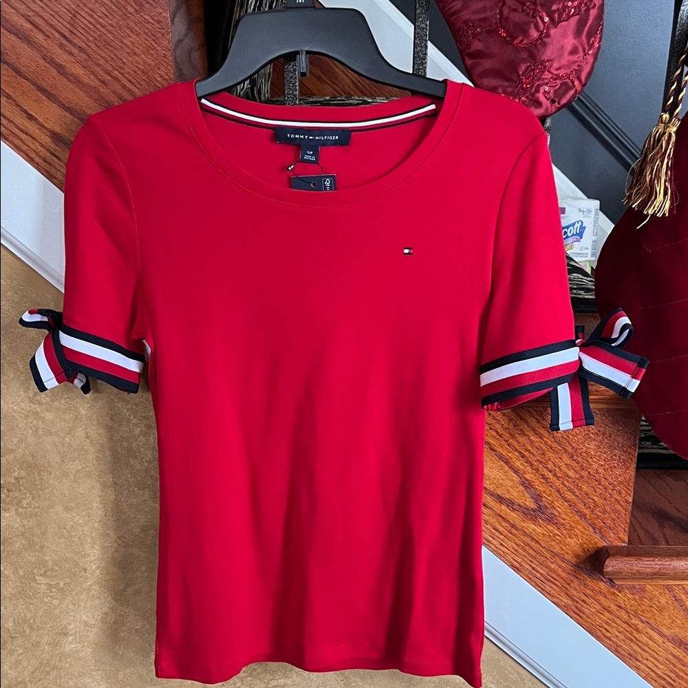 Tommy Hilfiger Women's Red Tee with Striped Ribbon Short Sleeve Accents Size S